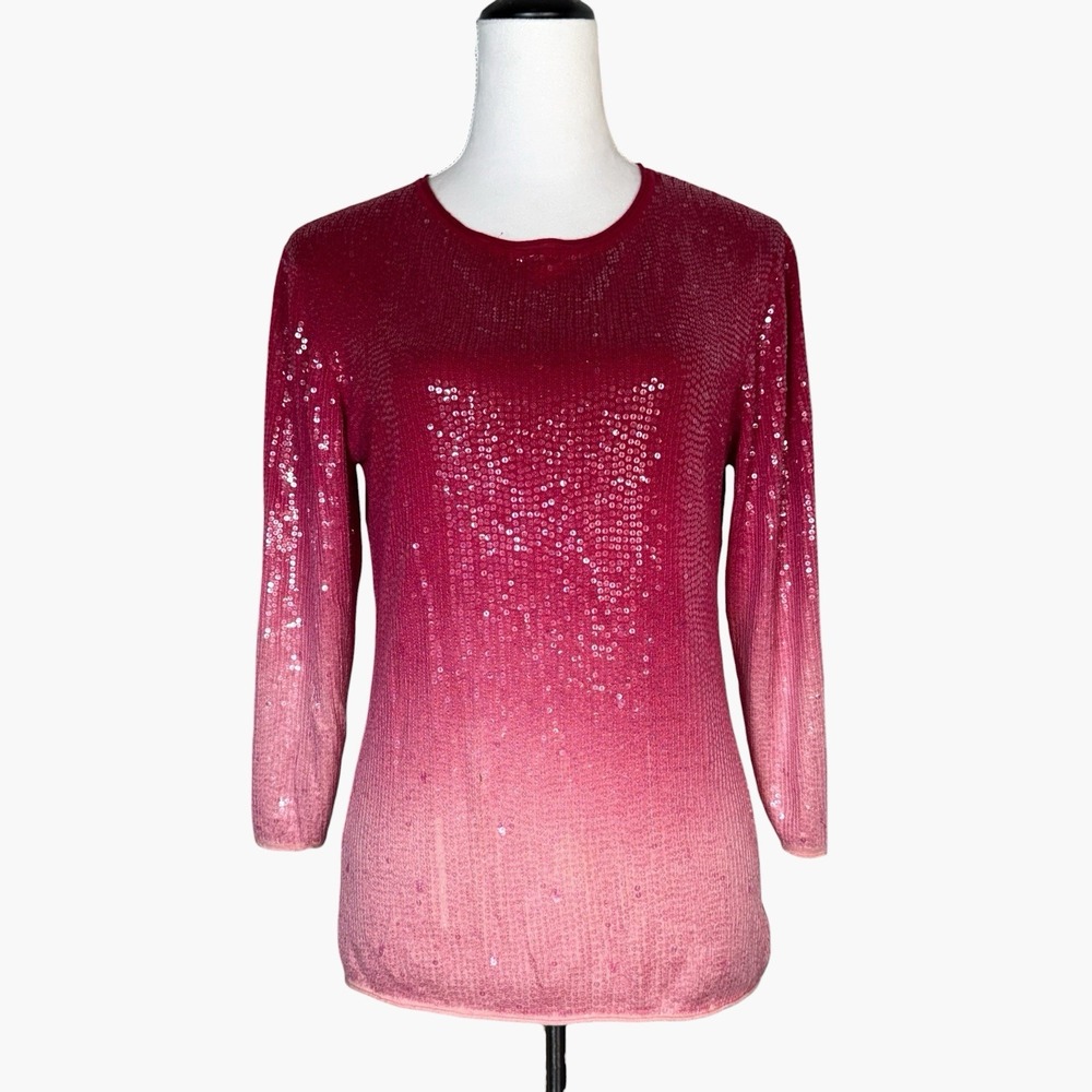 Armand Diradourian Sweater Womens L Pink Cashmere Silk Sequin Ombre Roll Neck